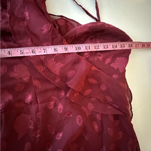 Lulus Burgundy Forever Be Floral Jacquard Ruffled Asymmetrical Maxi Dress NWOT S - Picture 15 of 16